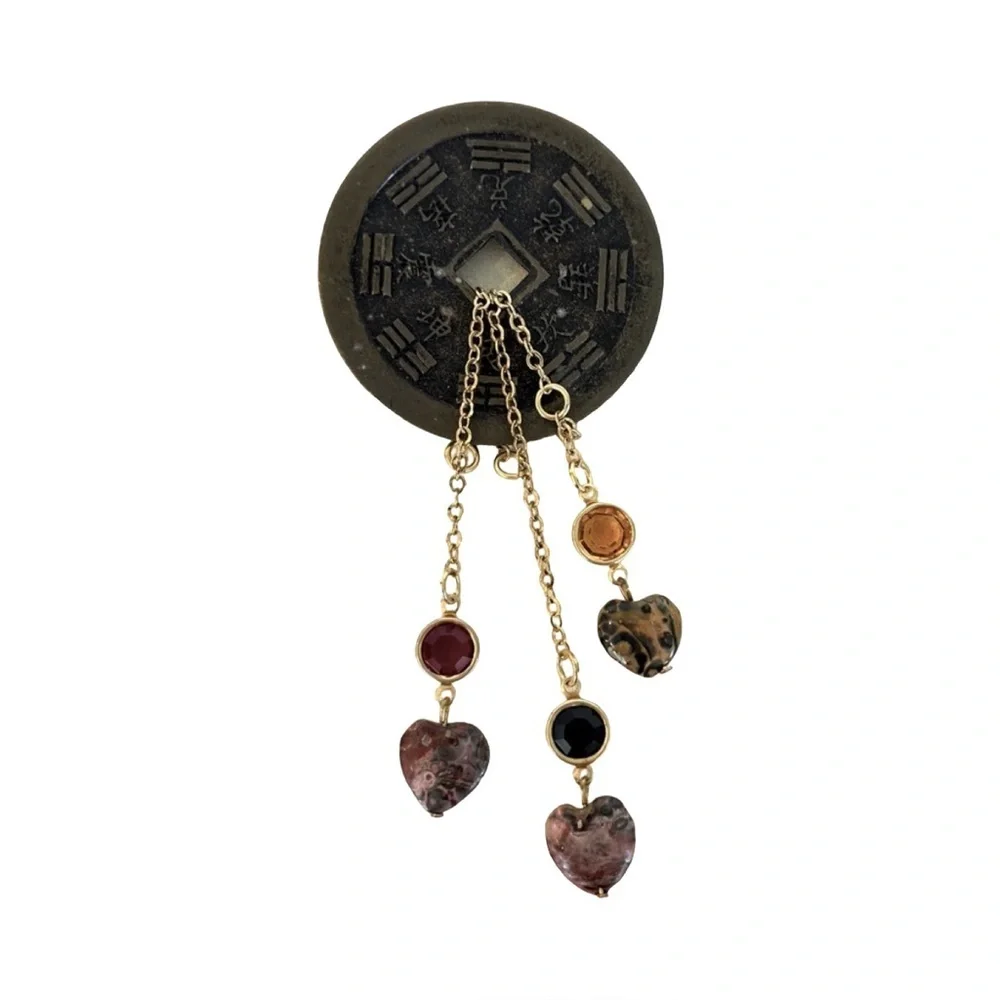 Vintage 80s Brooch with Quartz Heart Charms and Colored Gemstones - Picture 1 of 7